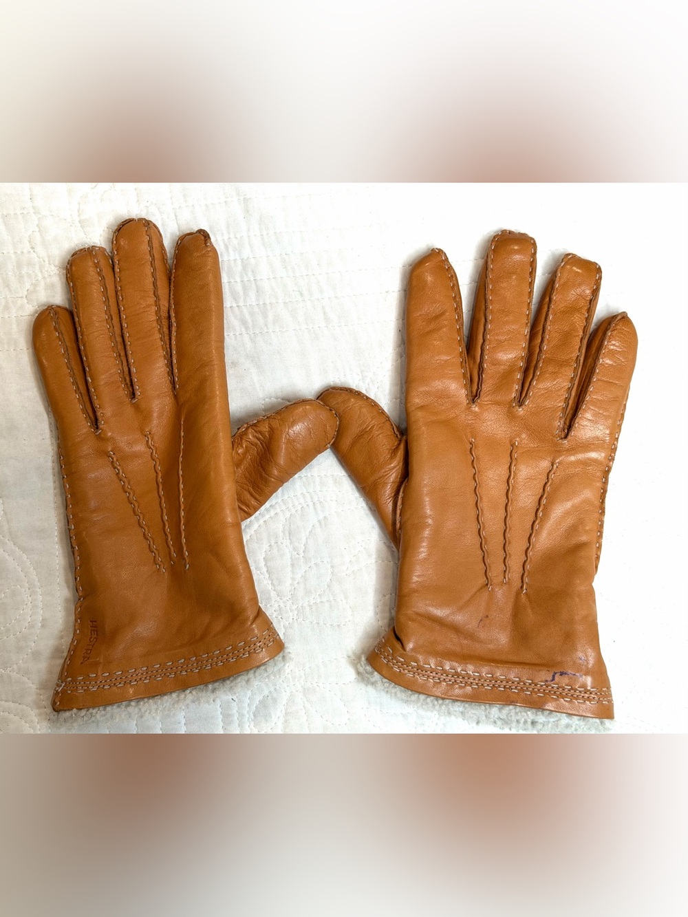 Hestra Hairsheep Lambskin Cognac Brown Leather Gloves Sz 7